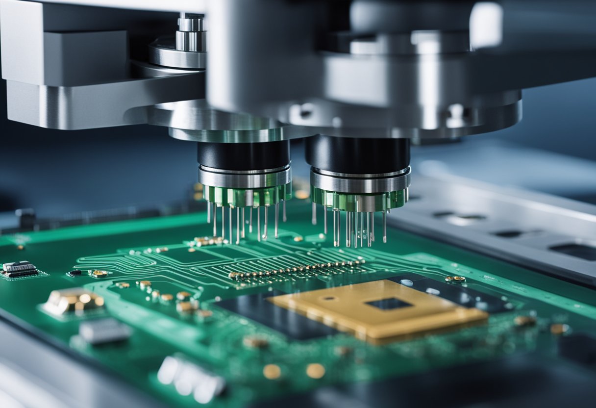 A printed circuit board (PCB) is being inspected by an automated optical inspection (AOI) machine. The machine is scanning the PCB for defects and anomalies with precision