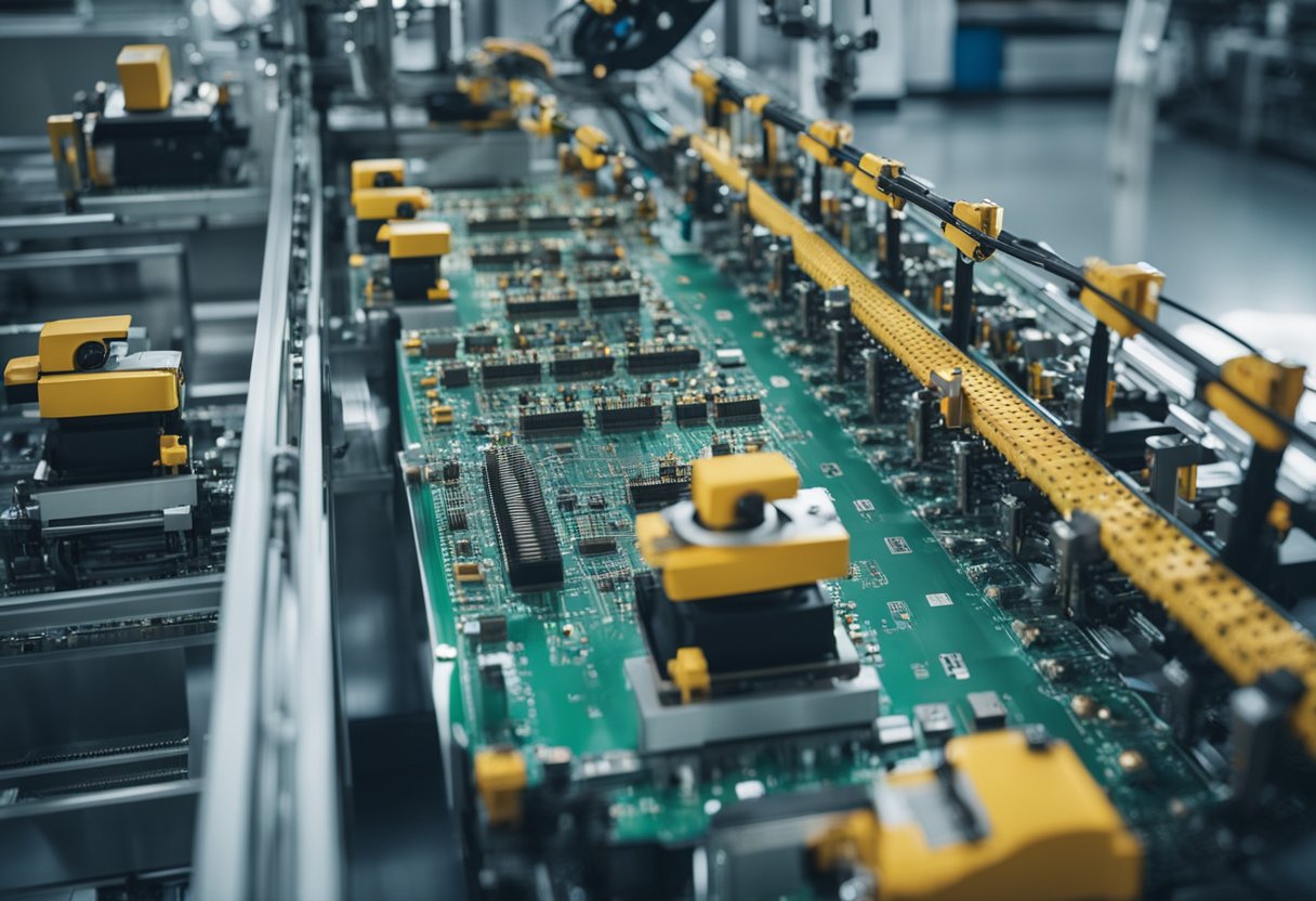 Machines assemble PCBs in a large factory, with conveyor belts moving components and robotic arms soldering connections