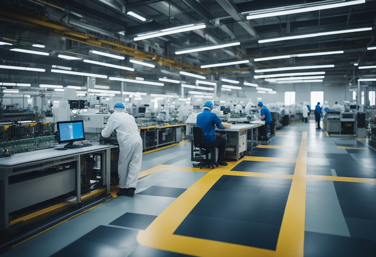The factory floor buzzes with activity as machines meticulously assemble PCBs, with workers overseeing the process