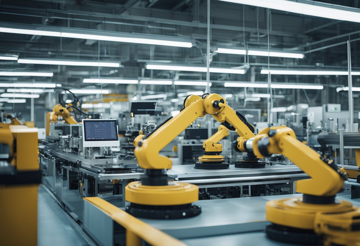 Machines and robots assemble circuit boards in a modern factory, with conveyor belts and automated equipment in a clean and well-lit environment