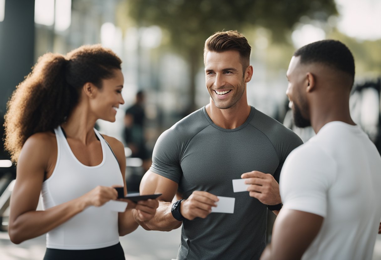 A personal trainer networking at a fitness event, exchanging business cards and discussing training methods with potential clients