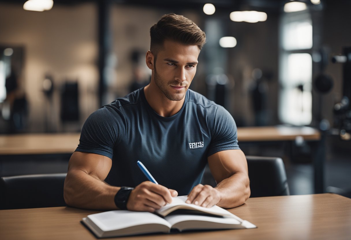 A personal trainer studying textbooks and attending workshops to improve skills and knowledge for professional development