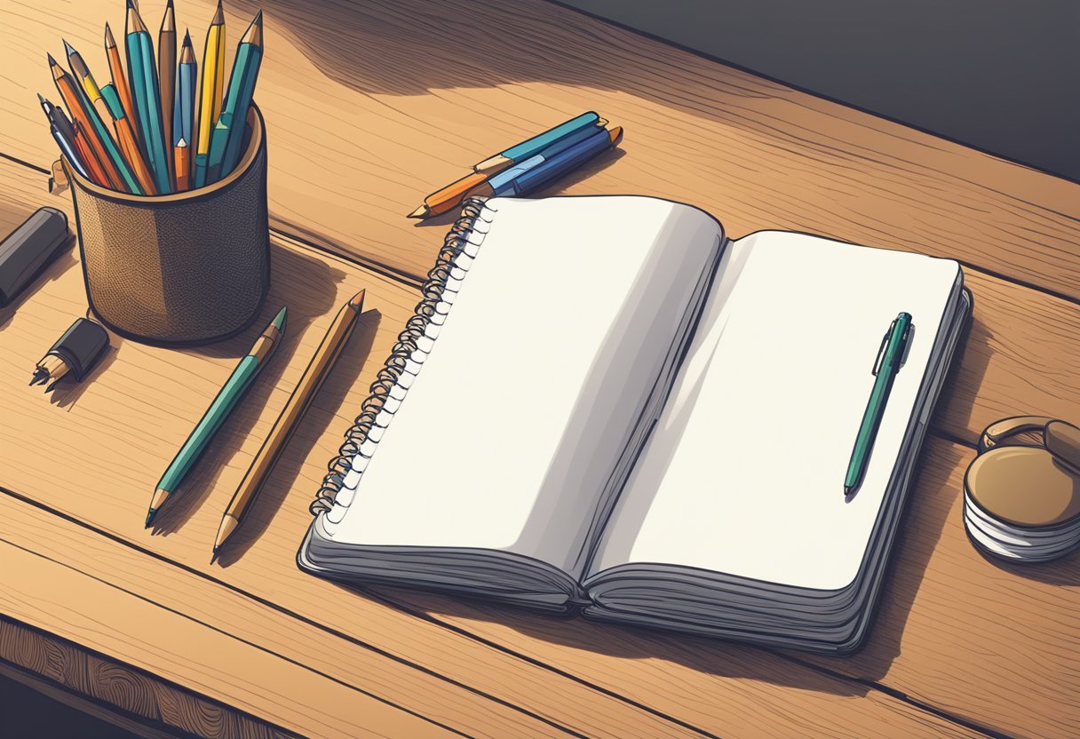 A Blank Notebook Sits Open On A Wooden Desk, Surrounded By Scattered Pens And Pencils. The Window Behind It Lets In Warm, Natural Light