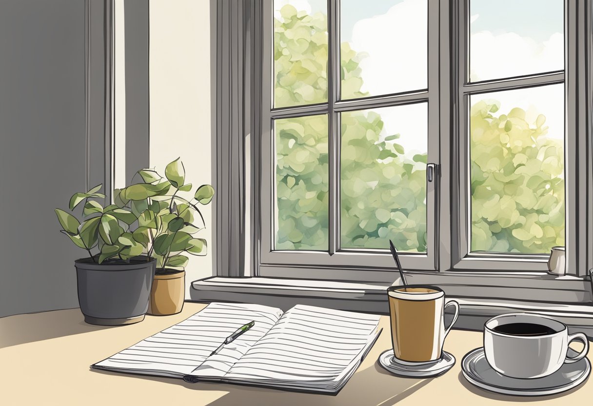 A Pen Writes On A Blank Page, Surrounded By Scattered Papers And A Cup Of Coffee. The Window Shows A Sunny Day