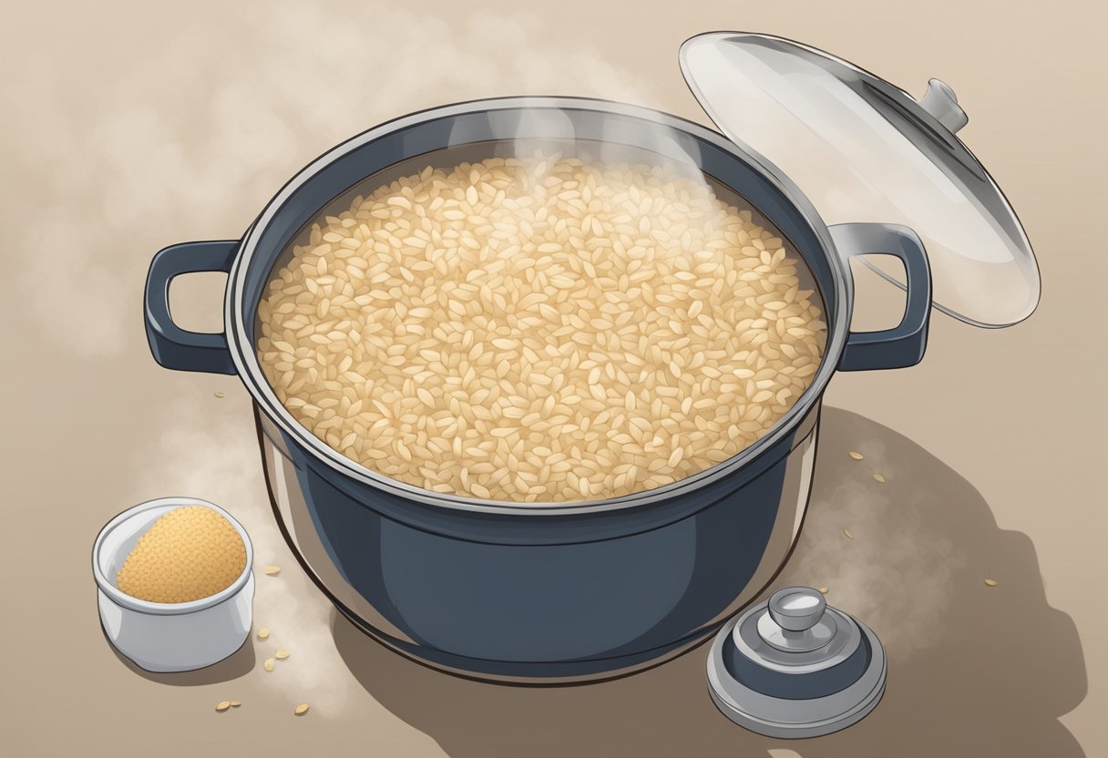 A pot of boiling water with brown rice simmering inside, steam rising, lid slightly ajar