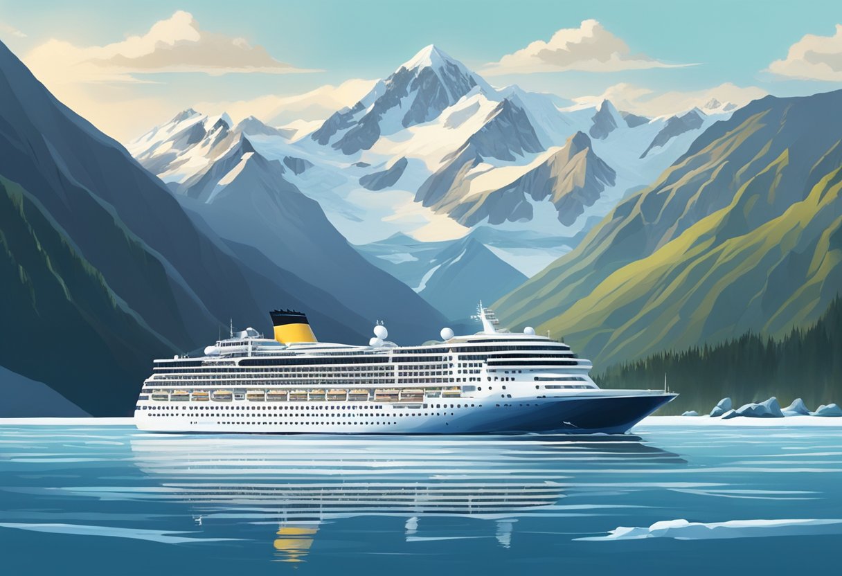 A majestic cruise ship sails through the icy waters of Alaska, surrounded by towering snow-capped mountains and sparkling glaciers