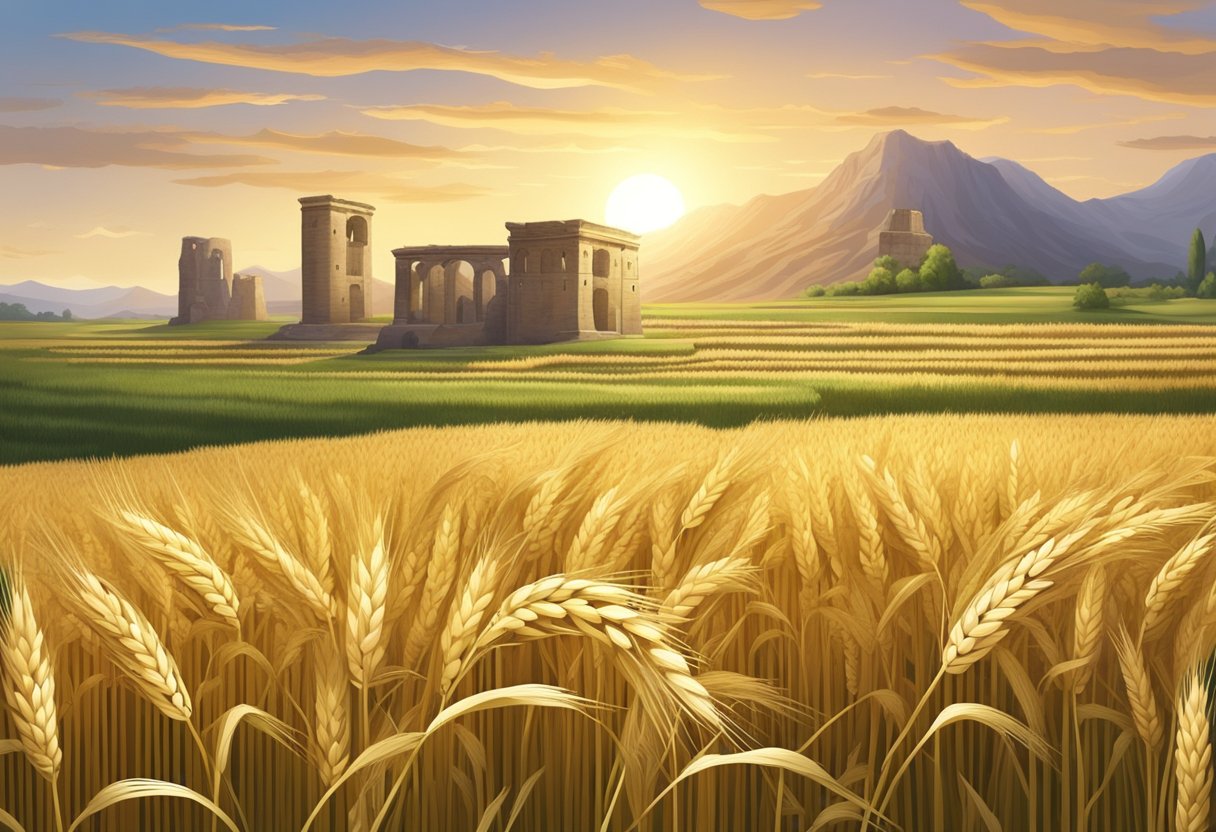 A field of ripe barley, surrounded by ancient ruins and a modern laboratory, symbolizing the historical significance of barley in nutrition and healing