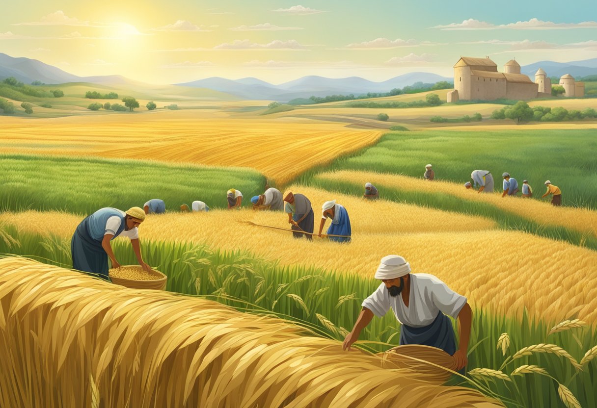 Barley fields stretching across ancient landscapes, with people harvesting and grinding the grain for food and medicine