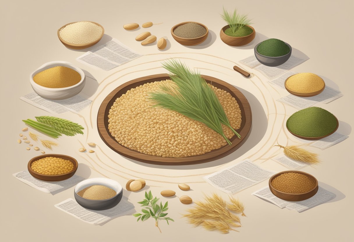 A spread of barley grains, surrounded by images of ancient healing practices and historical texts on nutrition