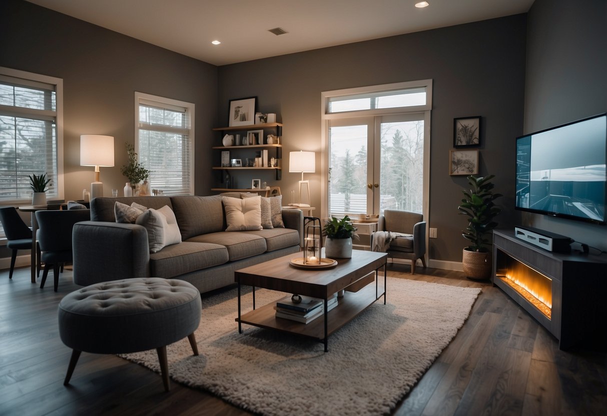 A modern living room with smart devices, such as lights, thermostat, and security cameras, all connected and controlled through a central home automation system