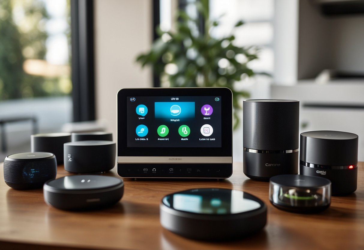 Several key home automation devices are arranged neatly on a modern, sleek surface. The devices include smart speakers, smart thermostats, security cameras, and smart light bulbs