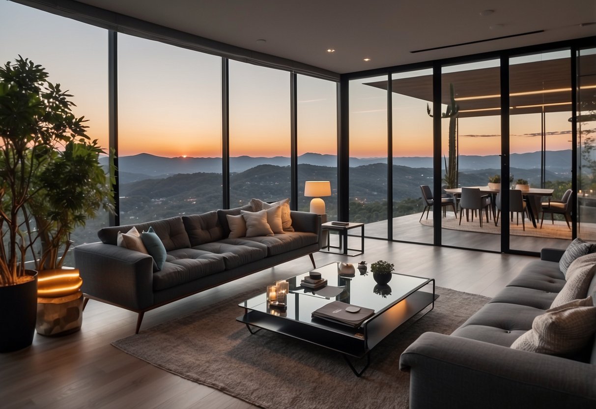 A sleek, modern home with automated lighting, climate control, and security features. Personalized settings and voice-activated commands