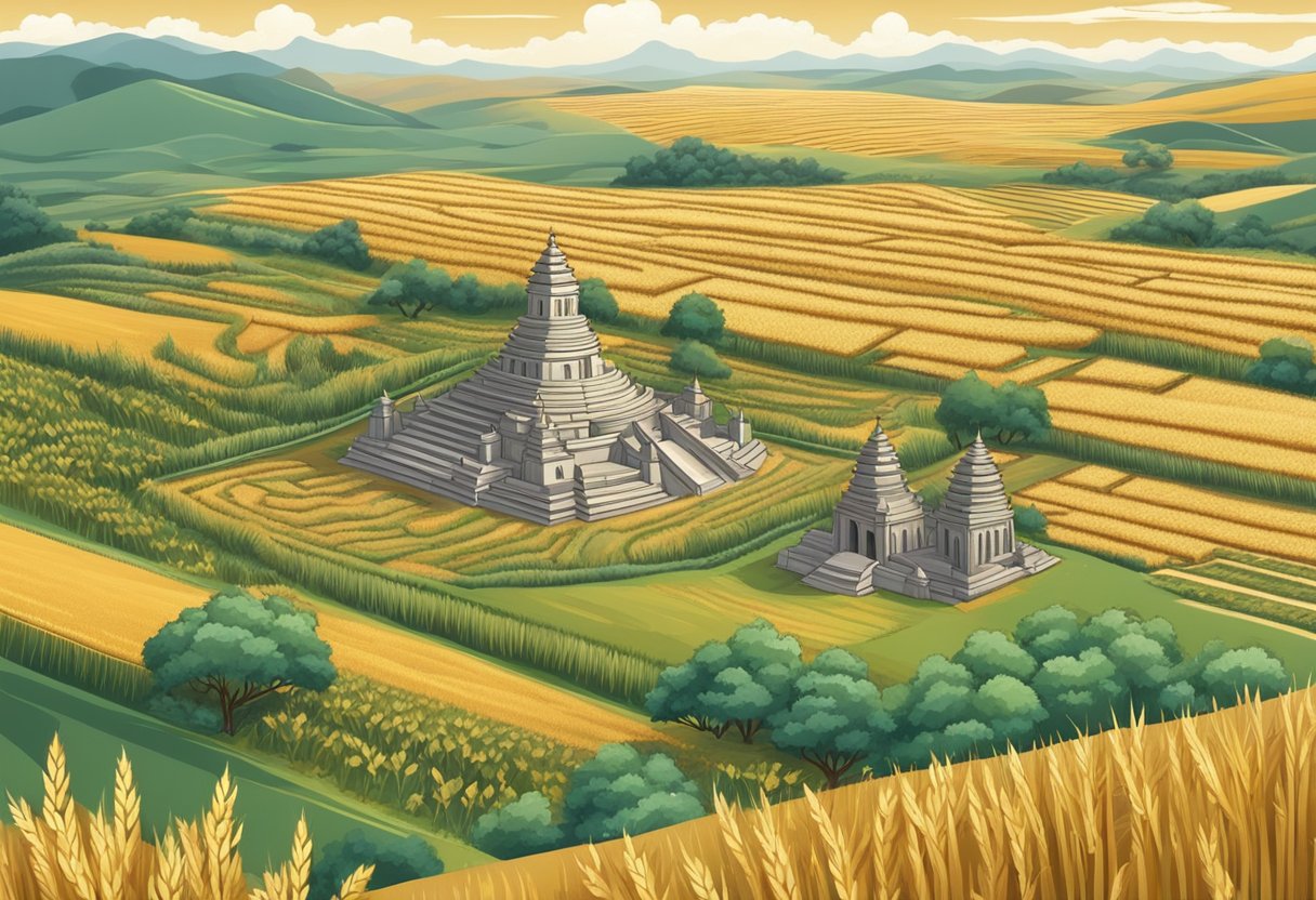 Barley fields surrounded by ancient temples and symbols. Harvested grains used in rituals and traditional healing practices