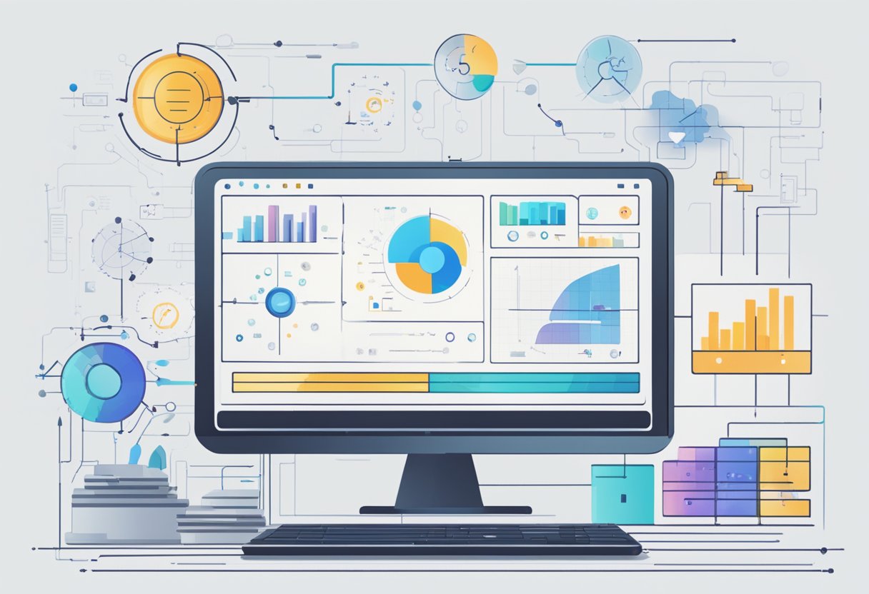 AI and Machine Learning: Show a computer processing data and making predictions, with various input sources and output results displayed