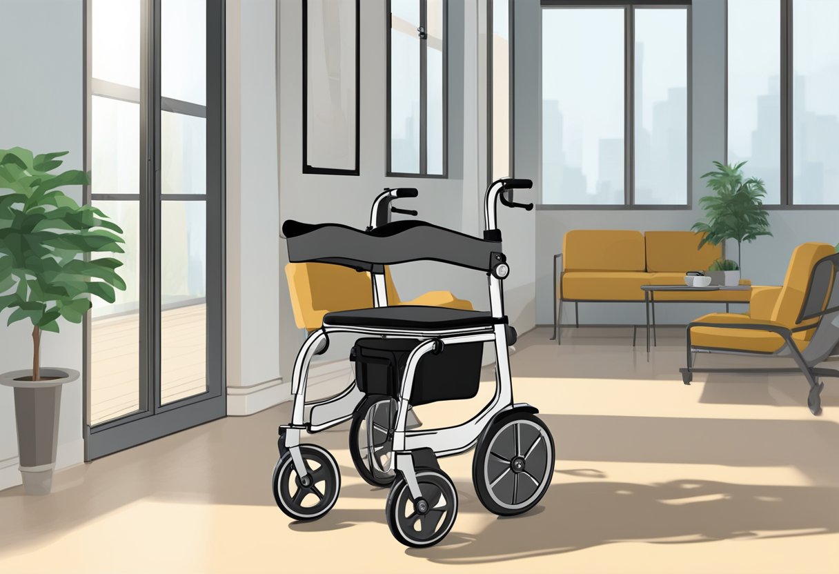 A rollator sits in a bright, spacious room. Its sturdy frame and comfortable seat are highlighted, and its wheels are ready for use