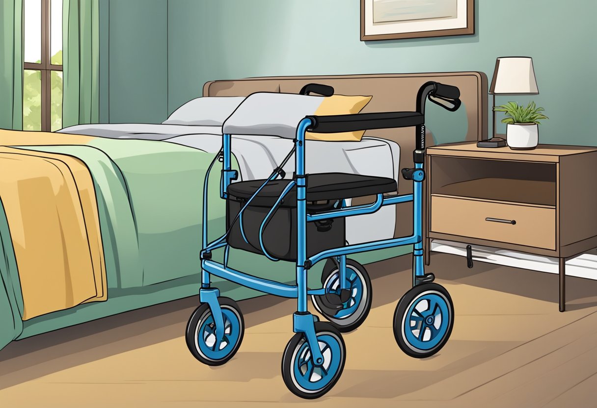 A rollator sits next to a person's bed, with adjustable handles and brakes engaged. A sturdy seat and storage bag are attached for convenience