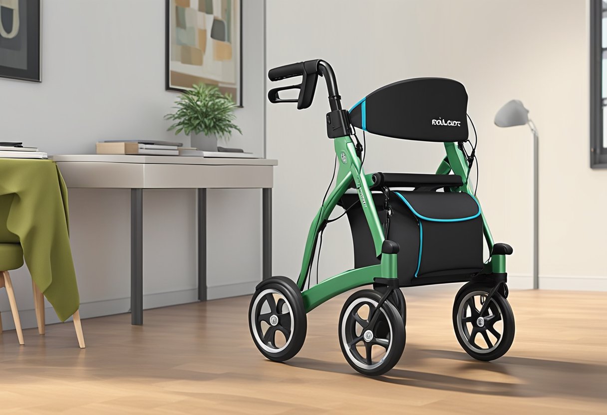 A rollator sits in a well-lit room, its sturdy frame and comfortable seat inviting use. A basket attached to the front holds personal items, while the adjustable handles and hand brakes demonstrate its versatility and ease of use