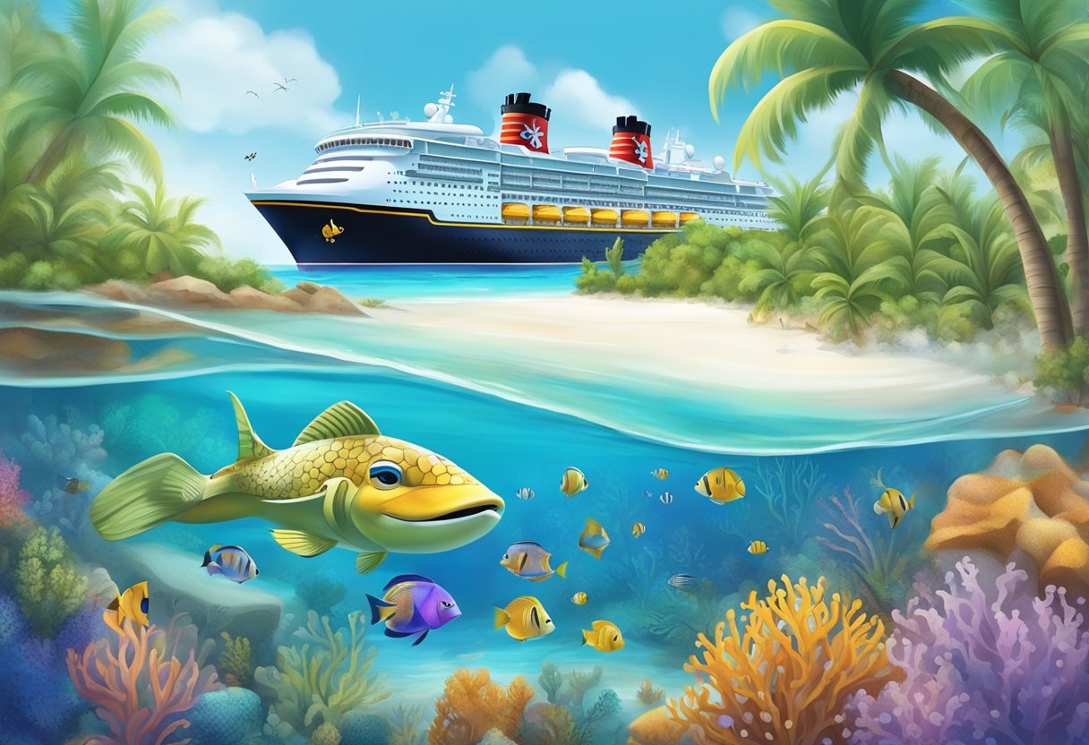 The Disney Bahamas cruise sails through crystal-clear waters, with palm trees swaying on the white sandy beaches and colorful fish swimming in the coral reefs below