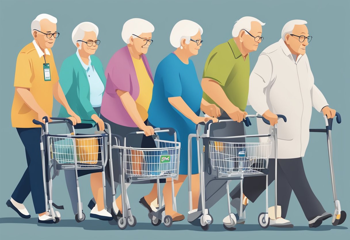 Elderly individuals using walkers, with Medicare logos