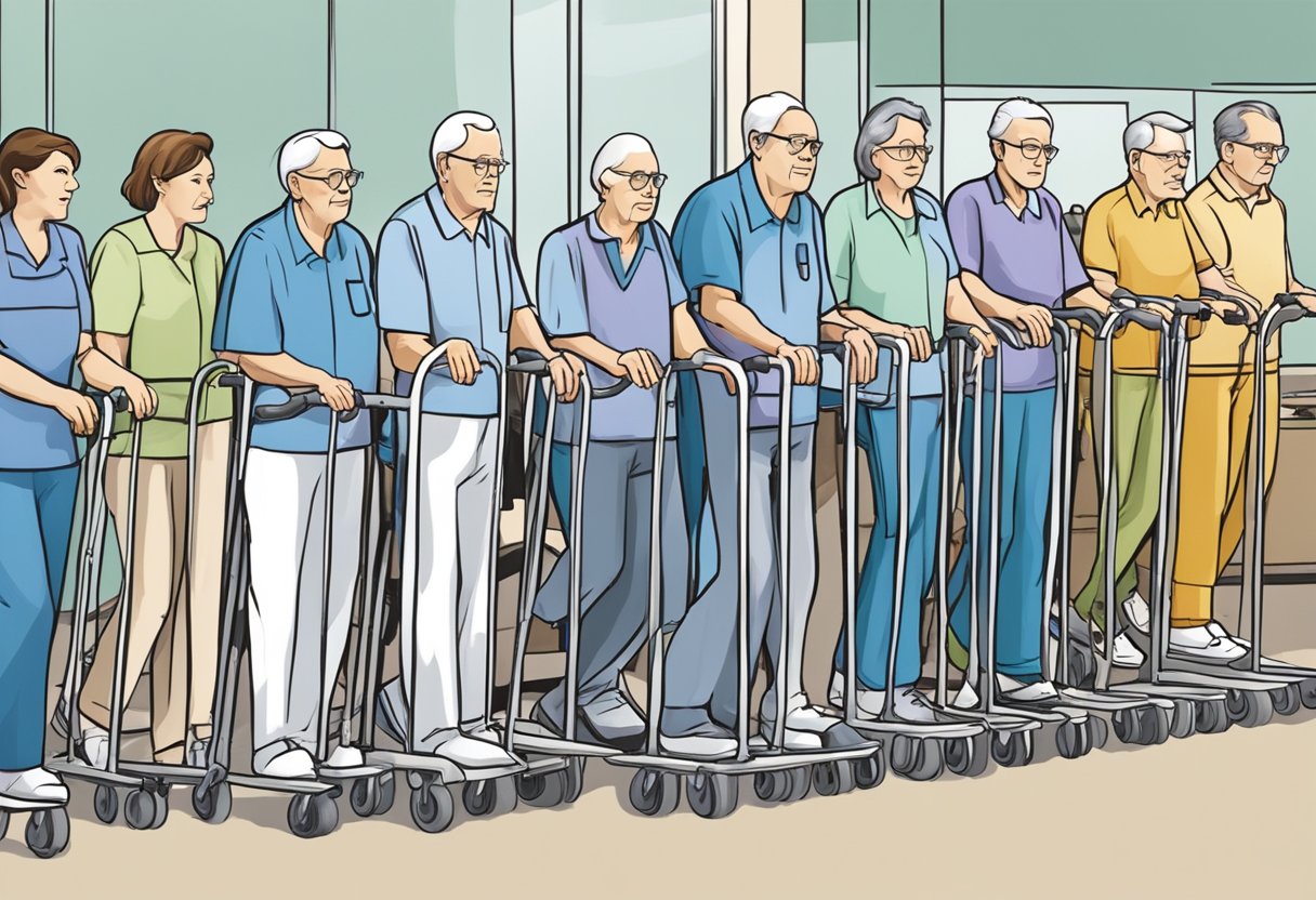 A group of upright walkers, covered by Medicare, arranged neatly in a medical supply store