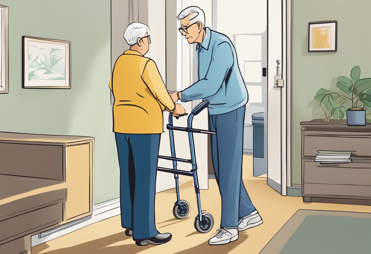 A person submits paperwork to a medicare representative for an upright walker