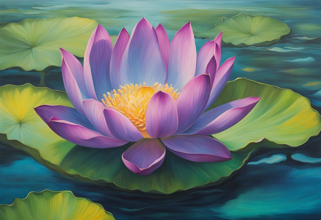 A vibrant lotus flower blooms from the depths of murky water, symbolizing resilience and triumph over adversity
