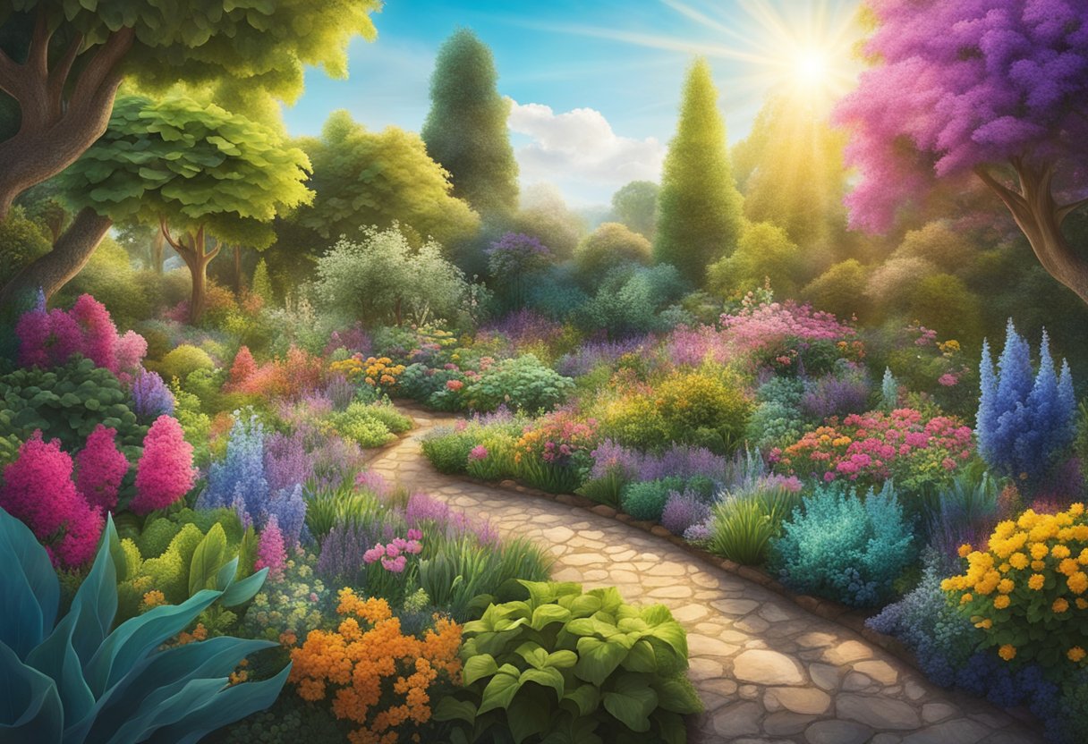 A vibrant garden bursting with life, symbolizing resilience and triumph over adversity. Sunlight streams through lush foliage, illuminating colorful flowers and thriving plants