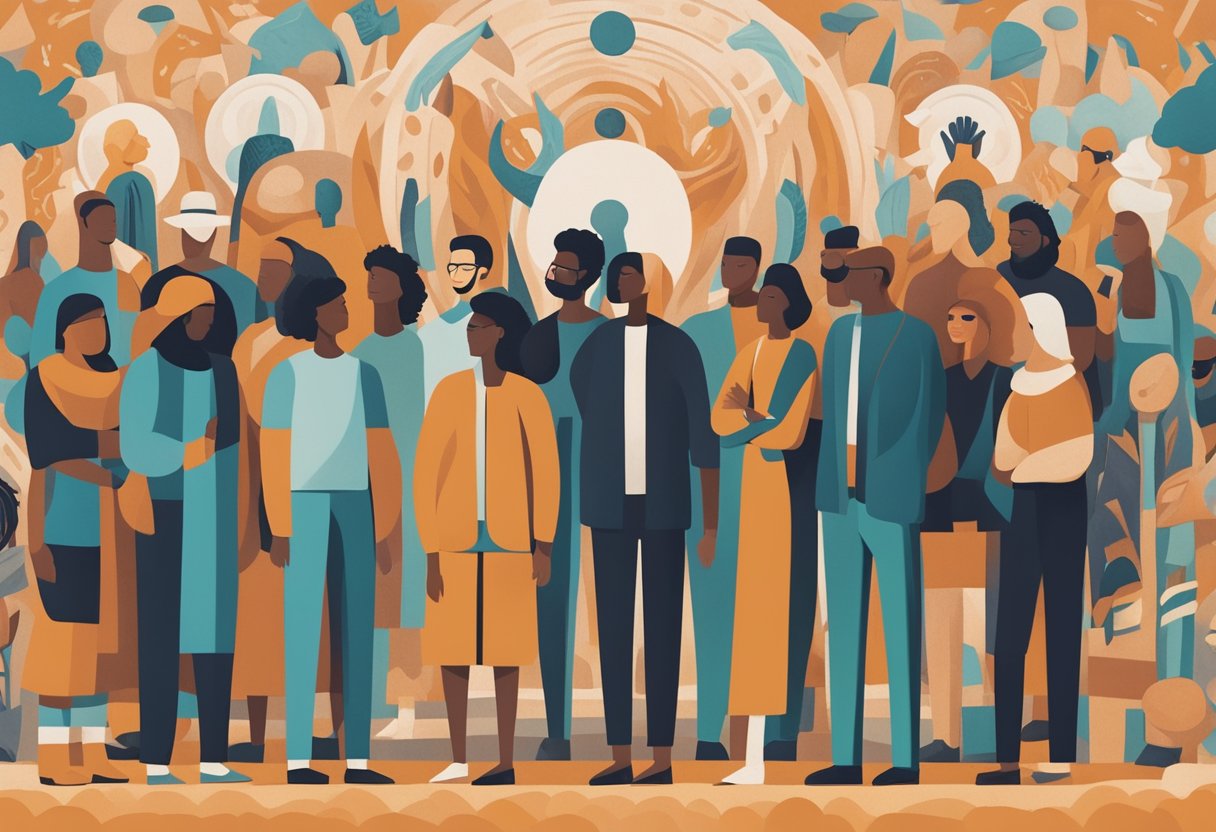 A diverse group of people stand together, arms linked in solidarity, surrounded by symbols of support and care. The scene exudes strength and resilience