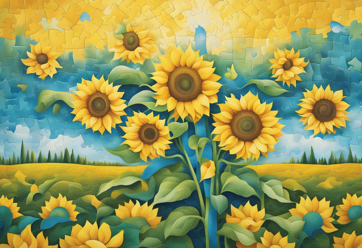 A vibrant sunflower grows tall, symbolizing resilience. A ribbon of interconnected puzzle pieces represents the journey of overcoming cancer. The background is filled with words of hope and strength