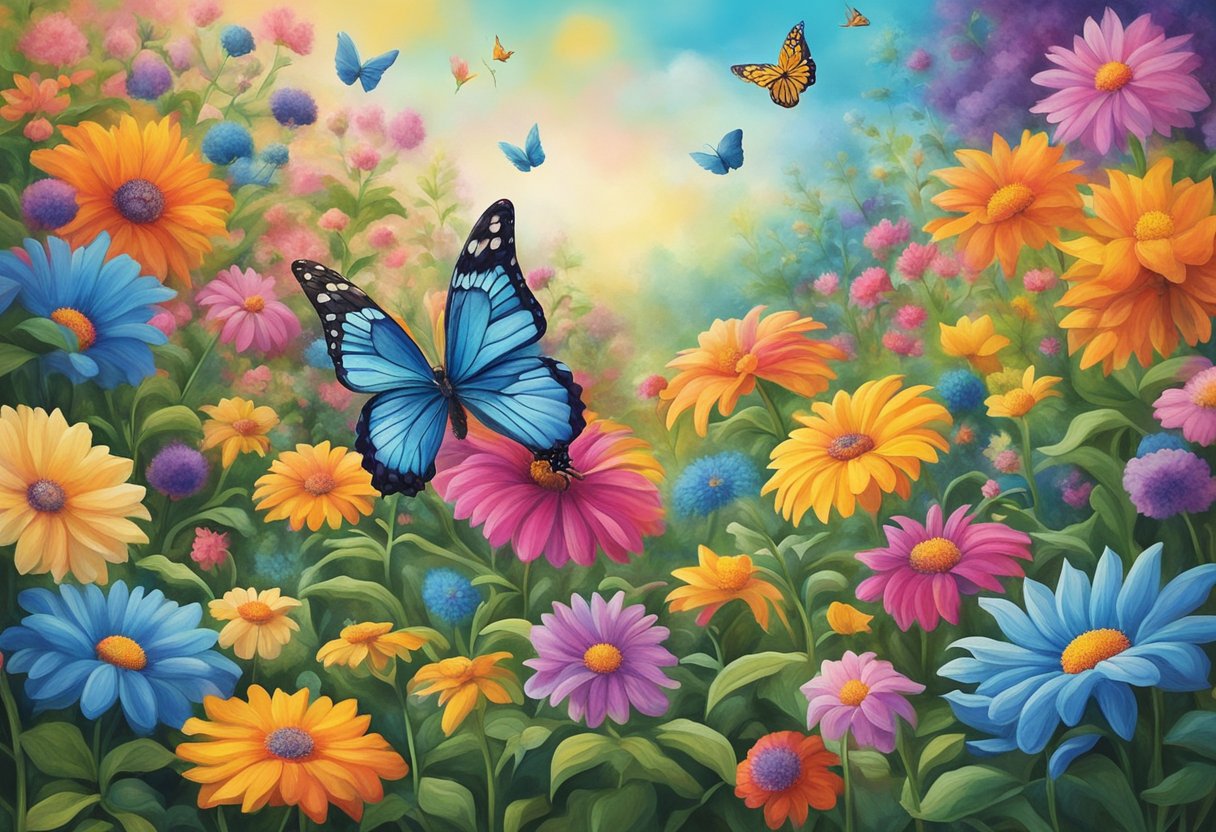 A vibrant garden with colorful flowers and a butterfly, symbolizing resilience and hope in the face of cancer
