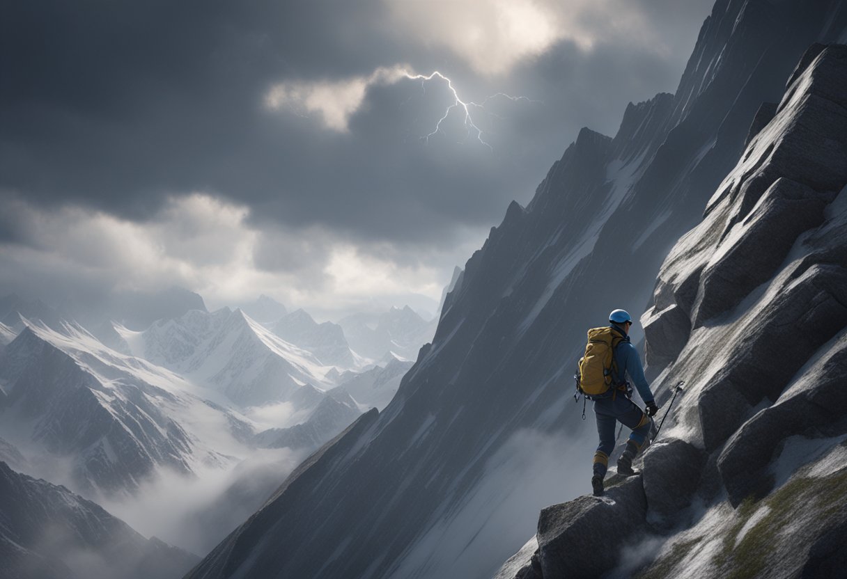 A mountain climber persevering through a storm, with the words of the quotes written in the sky above, as the climber continues to push forward despite the challenging conditions