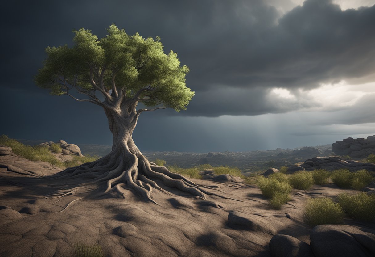 A lone tree stands tall against a stormy sky, its roots firmly planted in the rocky ground. A single beam of sunlight breaks through the clouds, illuminating the tree's unwavering determination