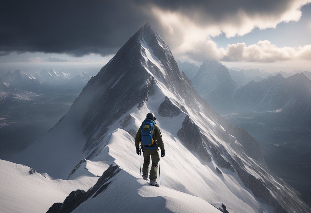 A mountain climber reaching the summit, with a storm in the background, symbolizing perseverance