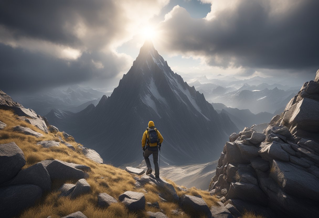 A mountain climber reaching the summit, surrounded by storm clouds, with the sun breaking through, symbolizing perseverance