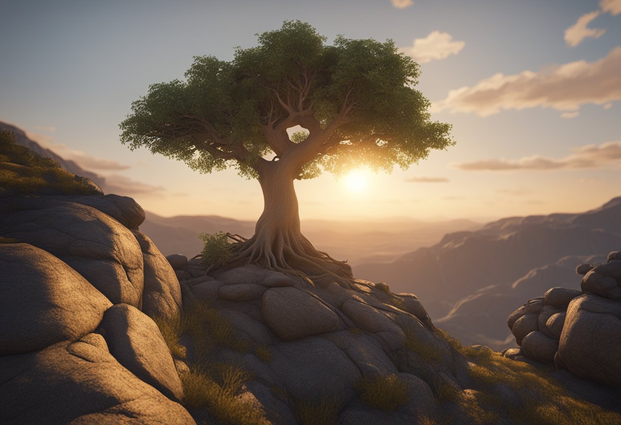 A lone tree stands tall on a rocky cliff, its roots digging deep into the earth. The sun sets behind it, casting a warm glow on the surrounding mountains