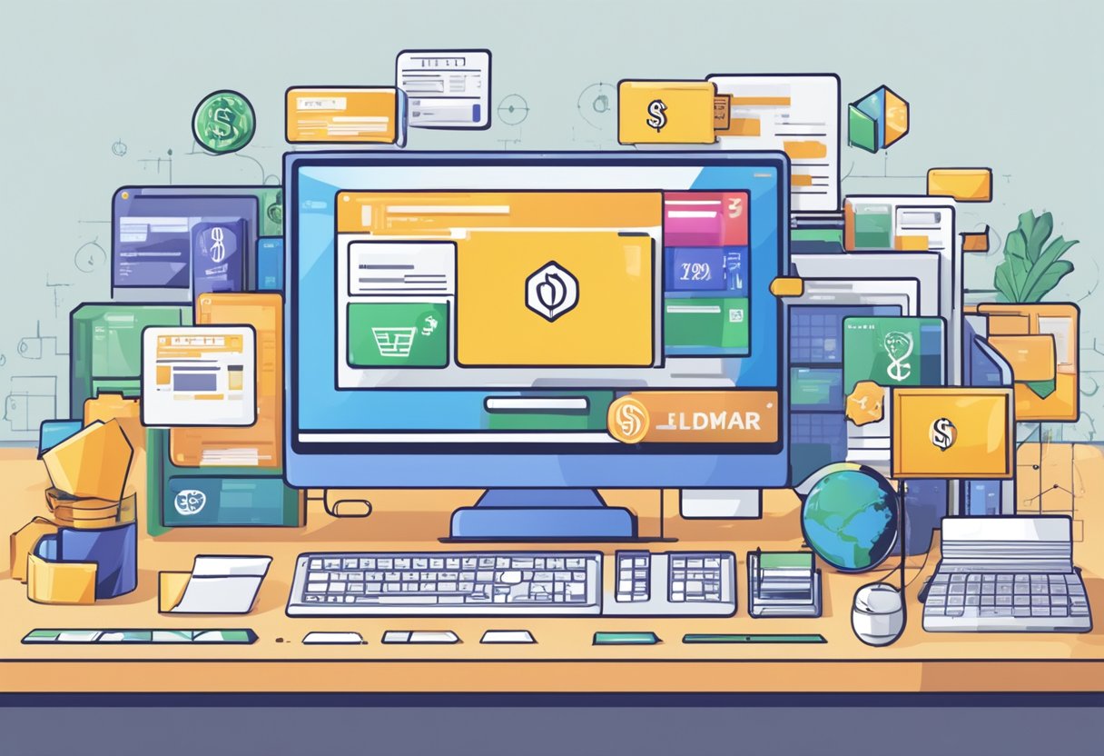 A computer with web development tools open, surrounded by dollar signs and online payment icons