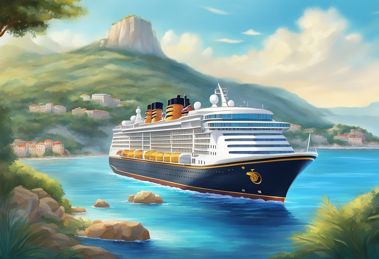 A majestic Disney cruise ship sails through the sparkling blue waters of the Mediterranean, passing by picturesque European coastal towns and ancient landmarks