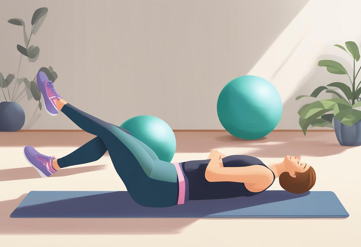 A person lies on a yoga mat, performing a bridge exercise with knees bent and feet flat on the ground. Nearby, a stability ball is used for back extensions, while a resistance band is looped around a sturdy object for seated rows