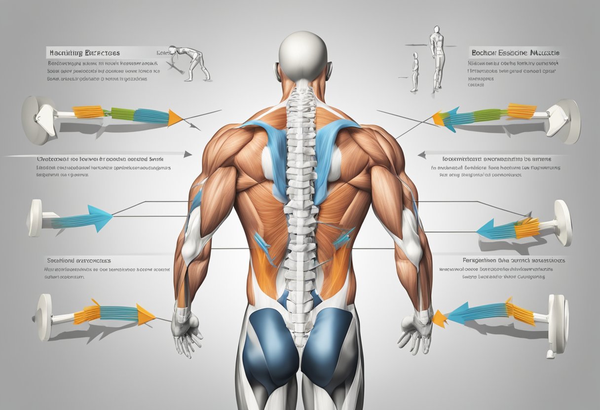 A detailed illustration of the lower back muscles and spine, with arrows pointing to key areas. Nearby, five different exercises are shown in action to strengthen the lower back