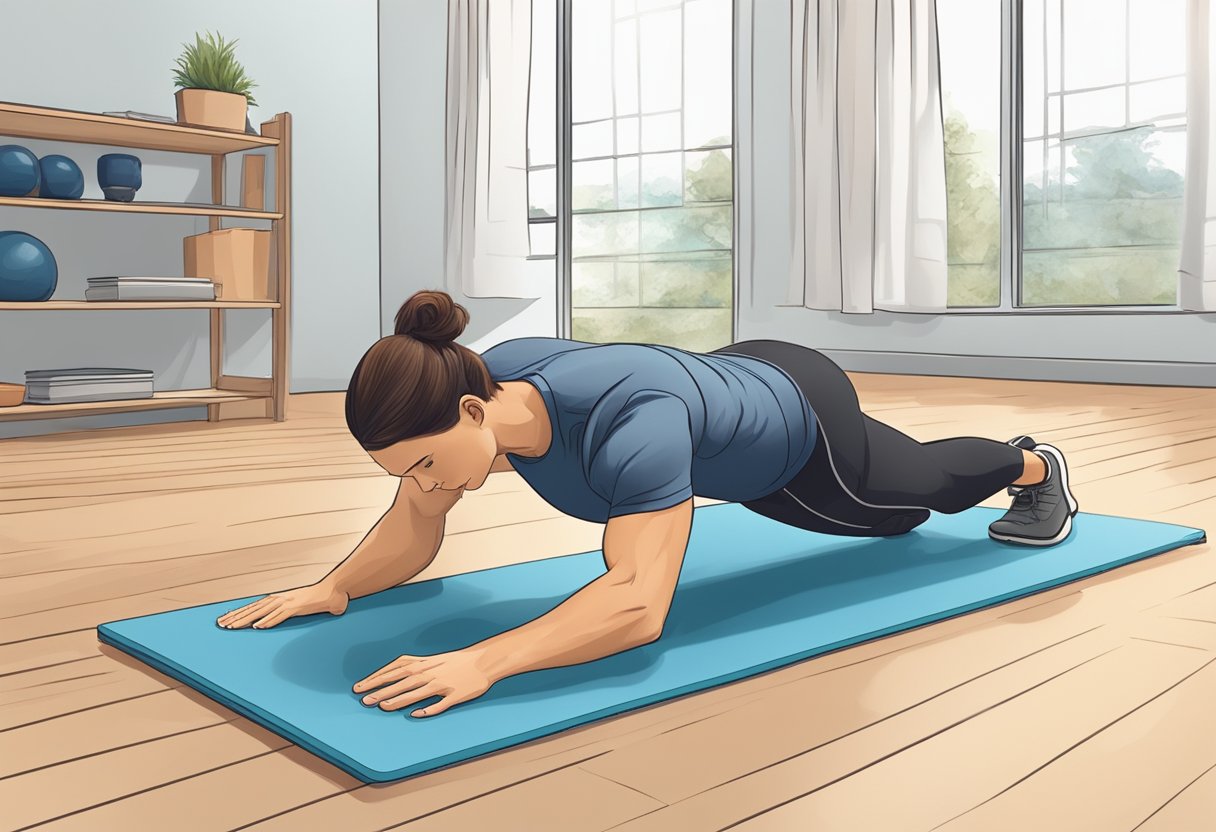 A person performing exercises to strengthen their lower back, such as planks, bridges, and bird dogs, with a focus on proper form and technique