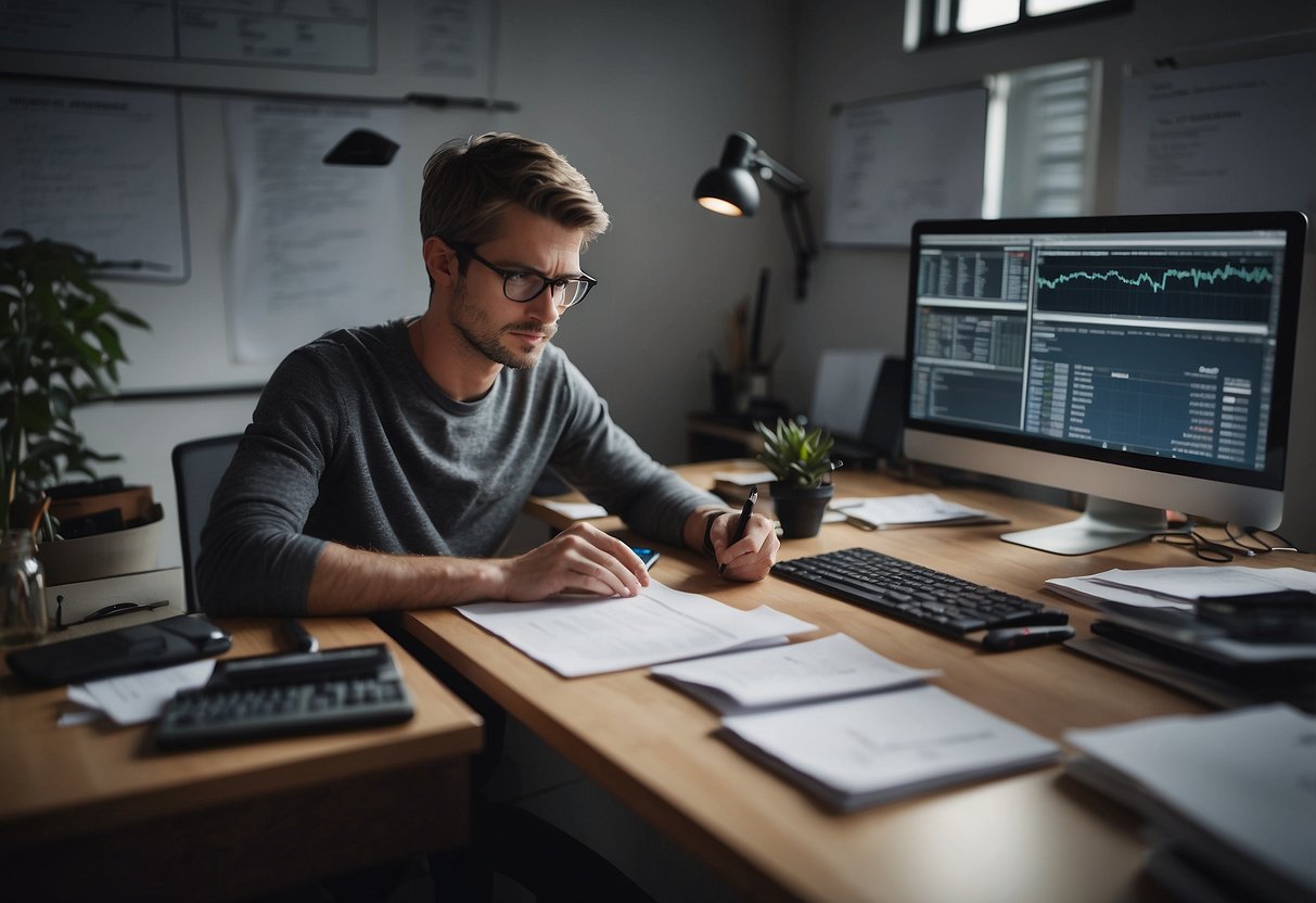 A person sits at a desk, surrounded by financial planning materials. They have a thoughtful expression, pen in hand, as they brainstorm innovative ideas without spending much money