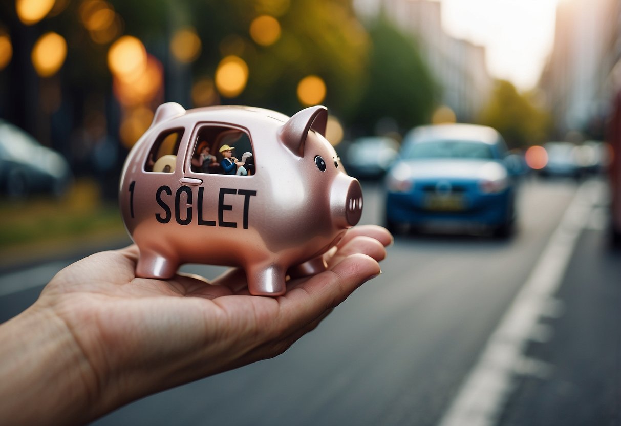 A person holding a piggy bank with a car, bus, and bicycle in the background, symbolizing different transportation options for saving money