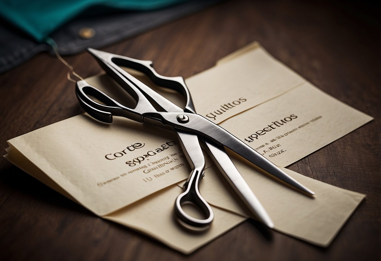 A pair of scissors cuts through a paper with the words "Corte Gastos Superfluos" written on it, symbolizing the act of cutting unnecessary expenses