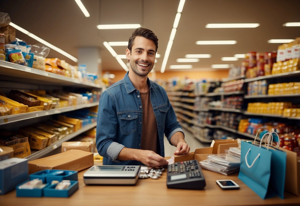 A person organizing shopping items with a smile, surrounded by various products and a calculator