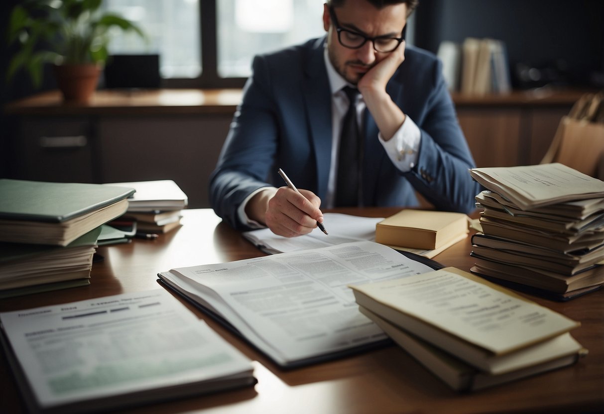 A person sits at a desk, surrounded by financial books and charts. They are carefully budgeting and planning, with a look of determination on their face