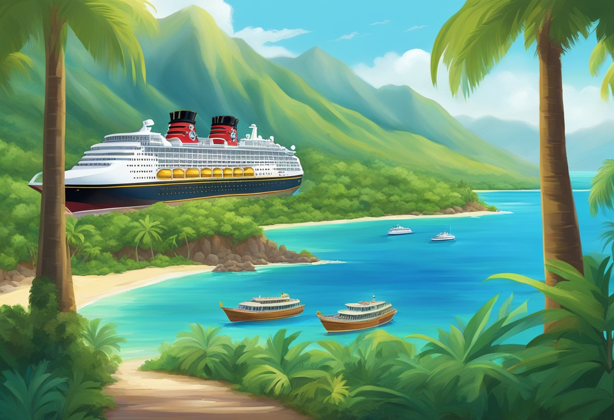 A Disney cruise ship sails through the crystal clear waters of Hawaii, with lush green mountains and palm trees lining the coastline