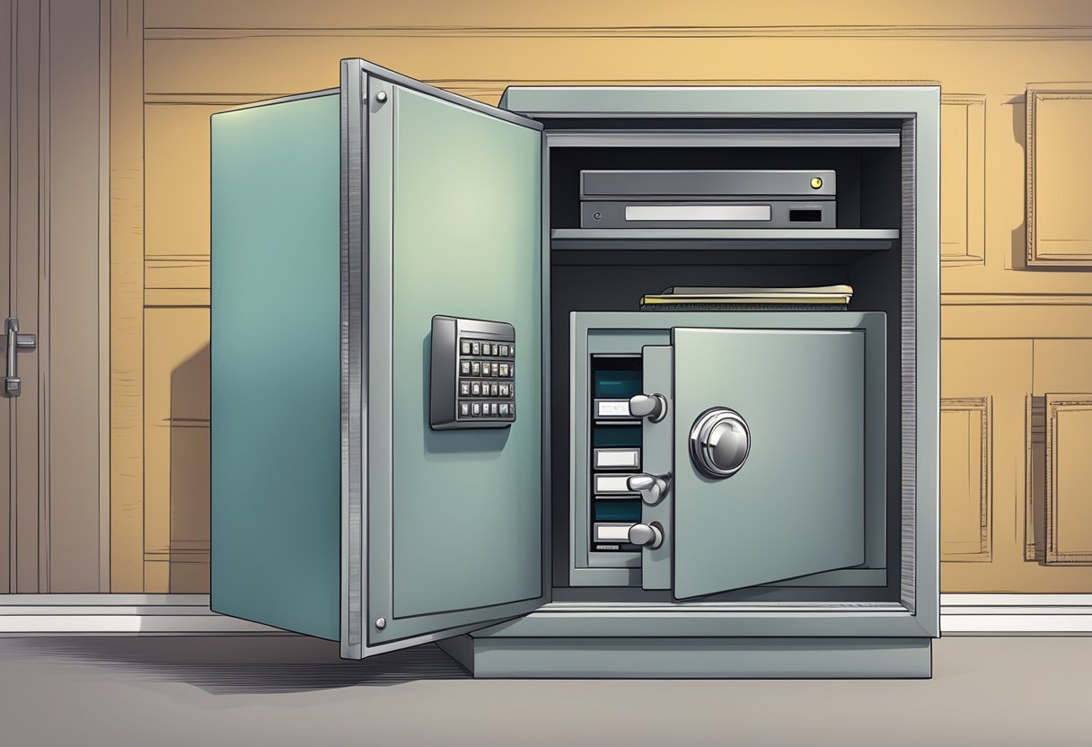 A locked safe with a keypad, a computer screen with encryption software, and a secure file cabinet labeled "Confidential Information."