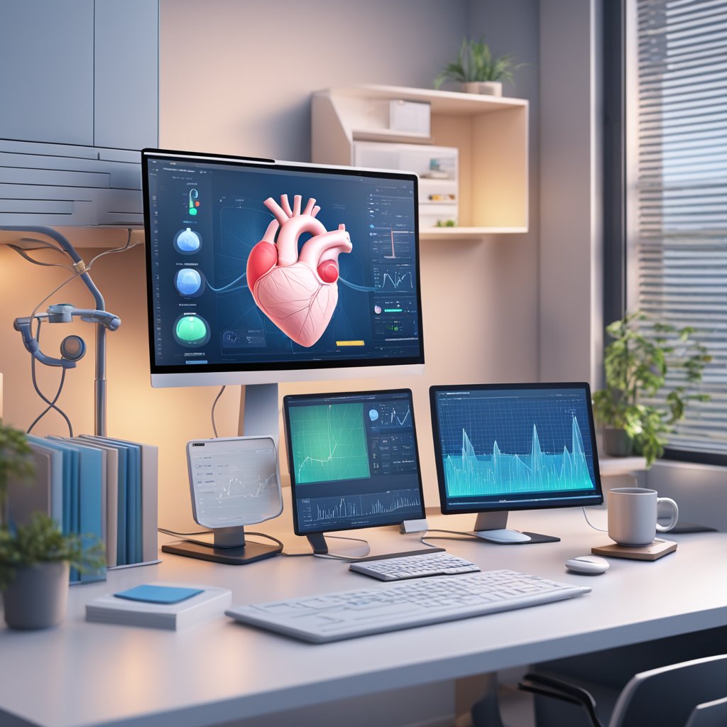 A virtual heart model hovers above a doctor's desk, while a patient's vital signs are displayed in real-time beside it