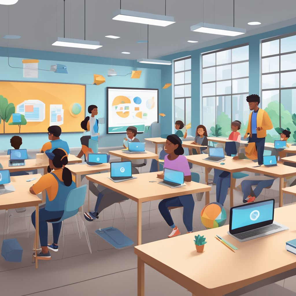 A classroom setting with students using AR headsets to interact with virtual objects and information displayed around the room