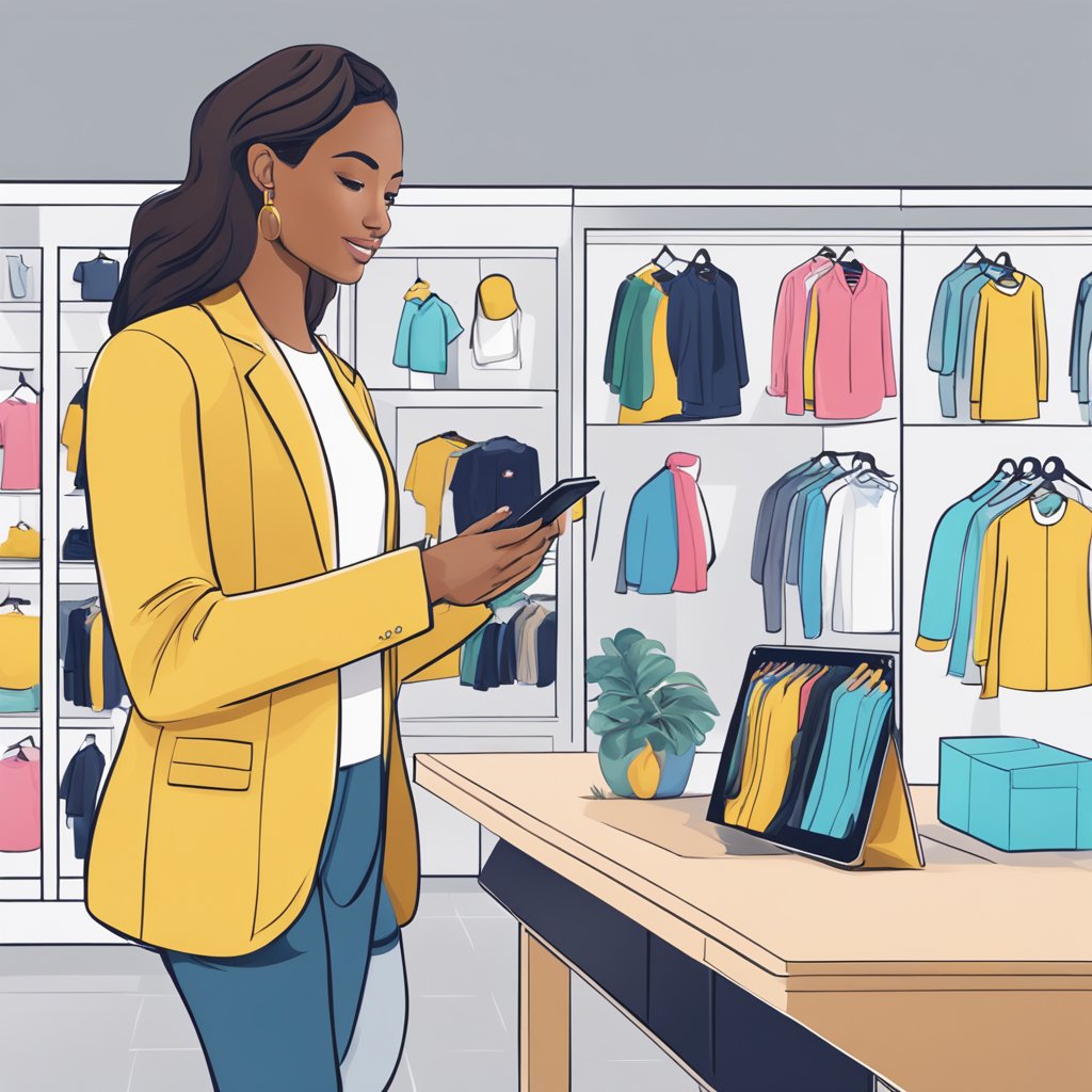 A customer uses AR to virtually try on clothes in a retail store, interacting with digital displays and receiving personalized recommendations